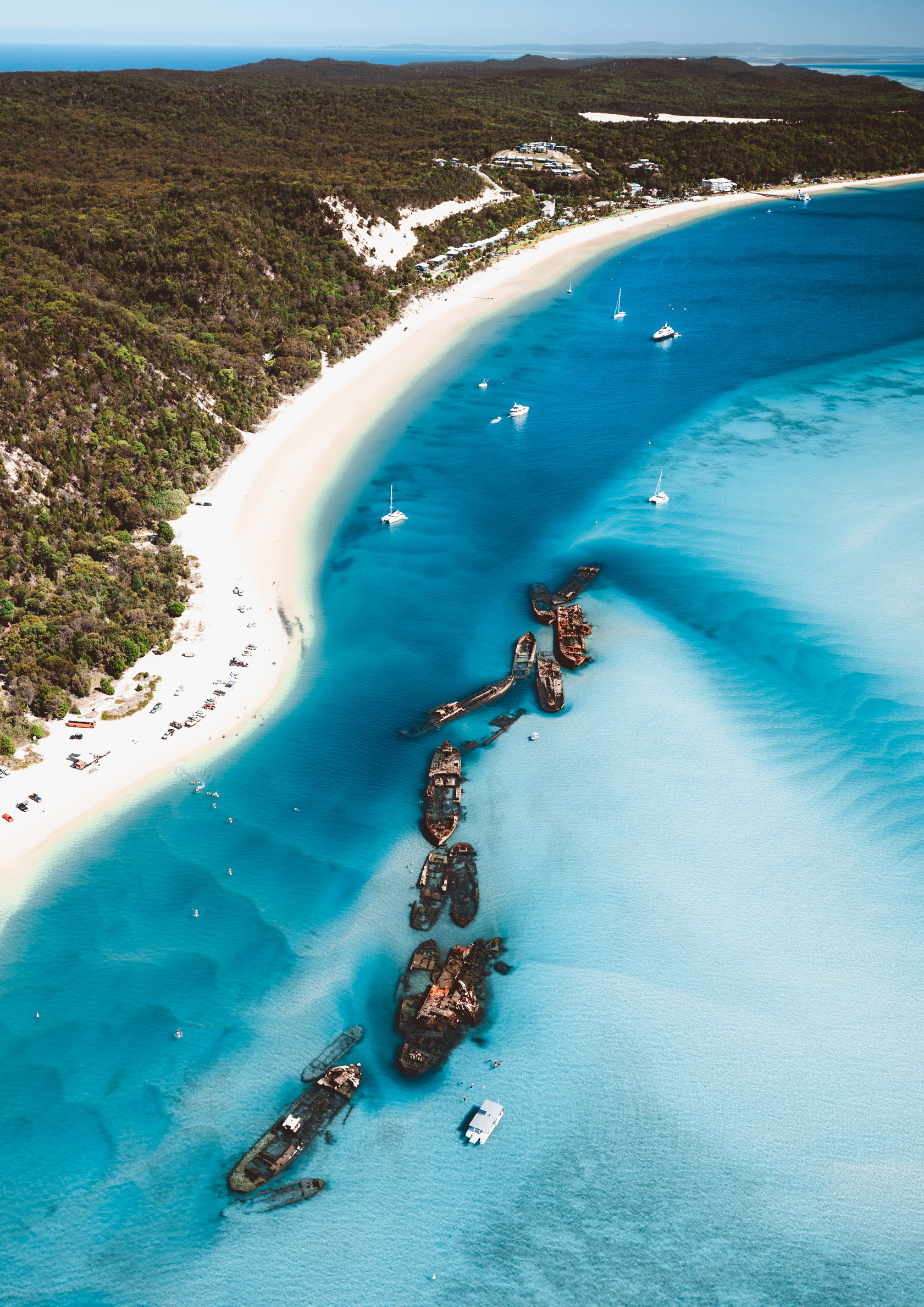 Aeriel view of Tangalooma Wrecks, Moreton Island | Brisbane backpackers guide