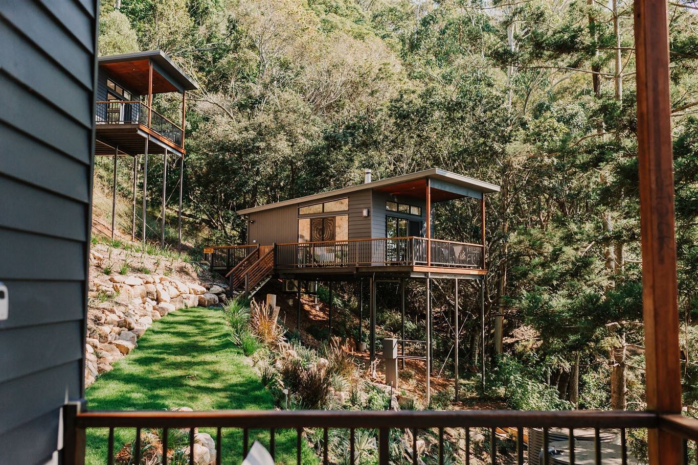 Cabins on stilts among the rainforest