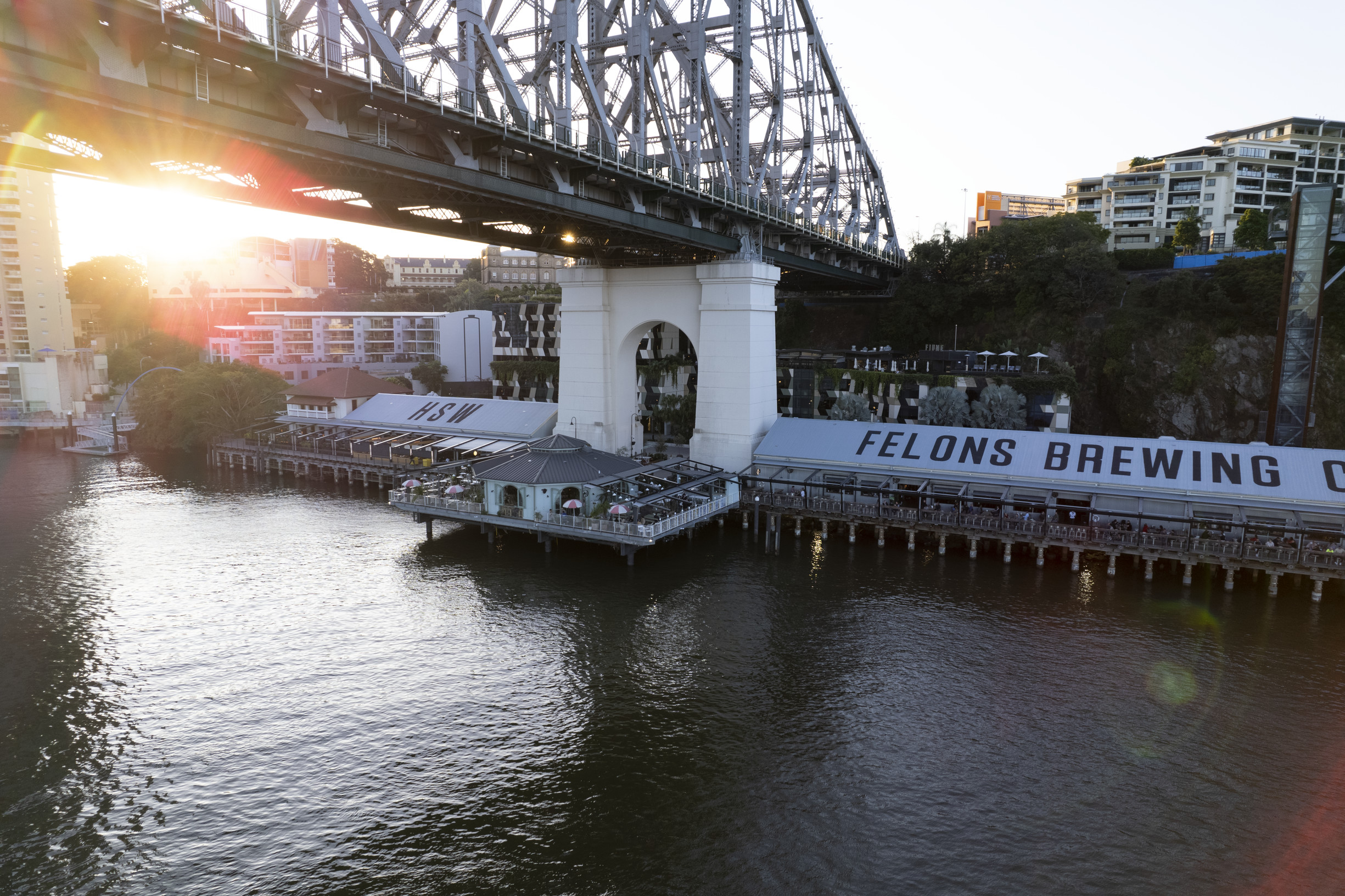 Aerial view of Howard Smith Wharves and Story Bridge at sunset Aerial view of Howard Smith Wharves and Story Bridge at sunset