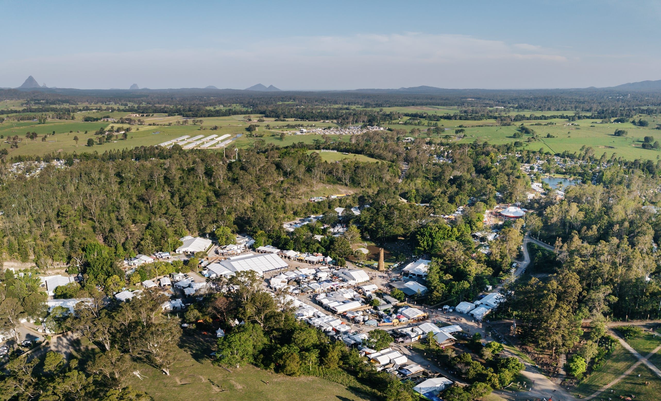 Aerial view of Woodford Folk Festival