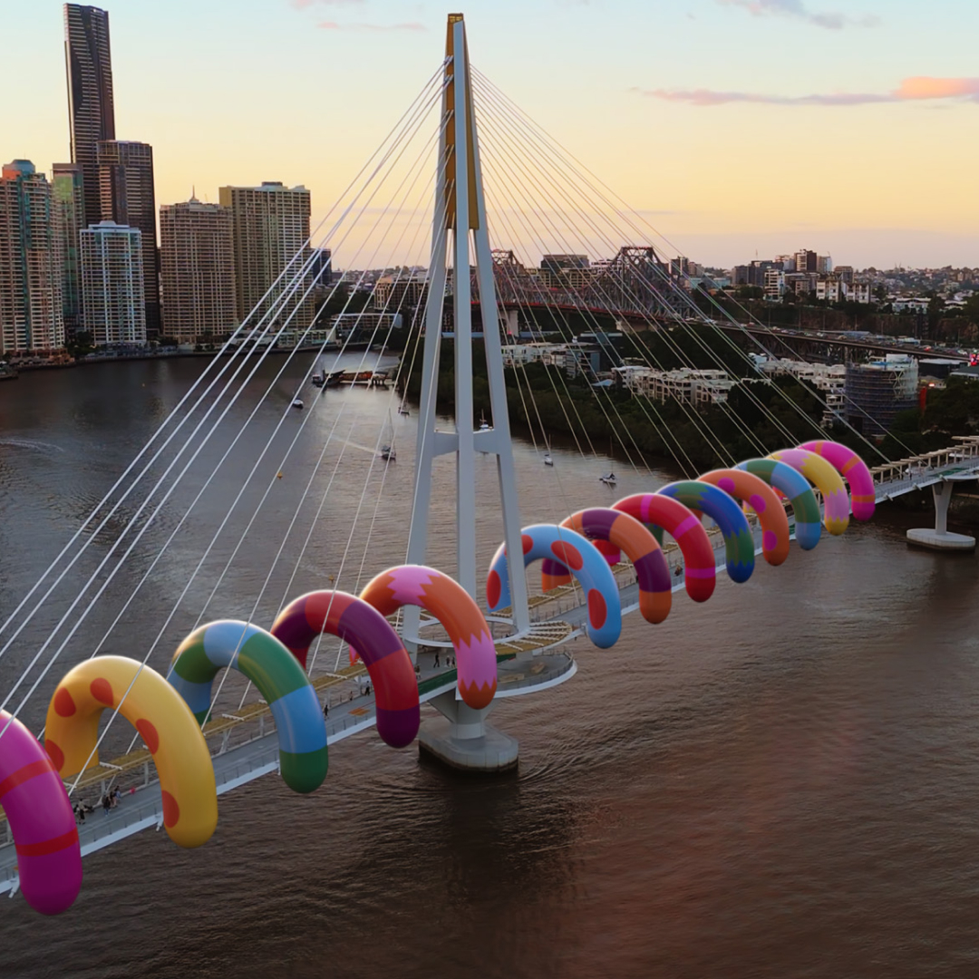 Walk This Way art installation by Craig & Karl on pedestrian bridge over Brisbane River during Brisbane Festival