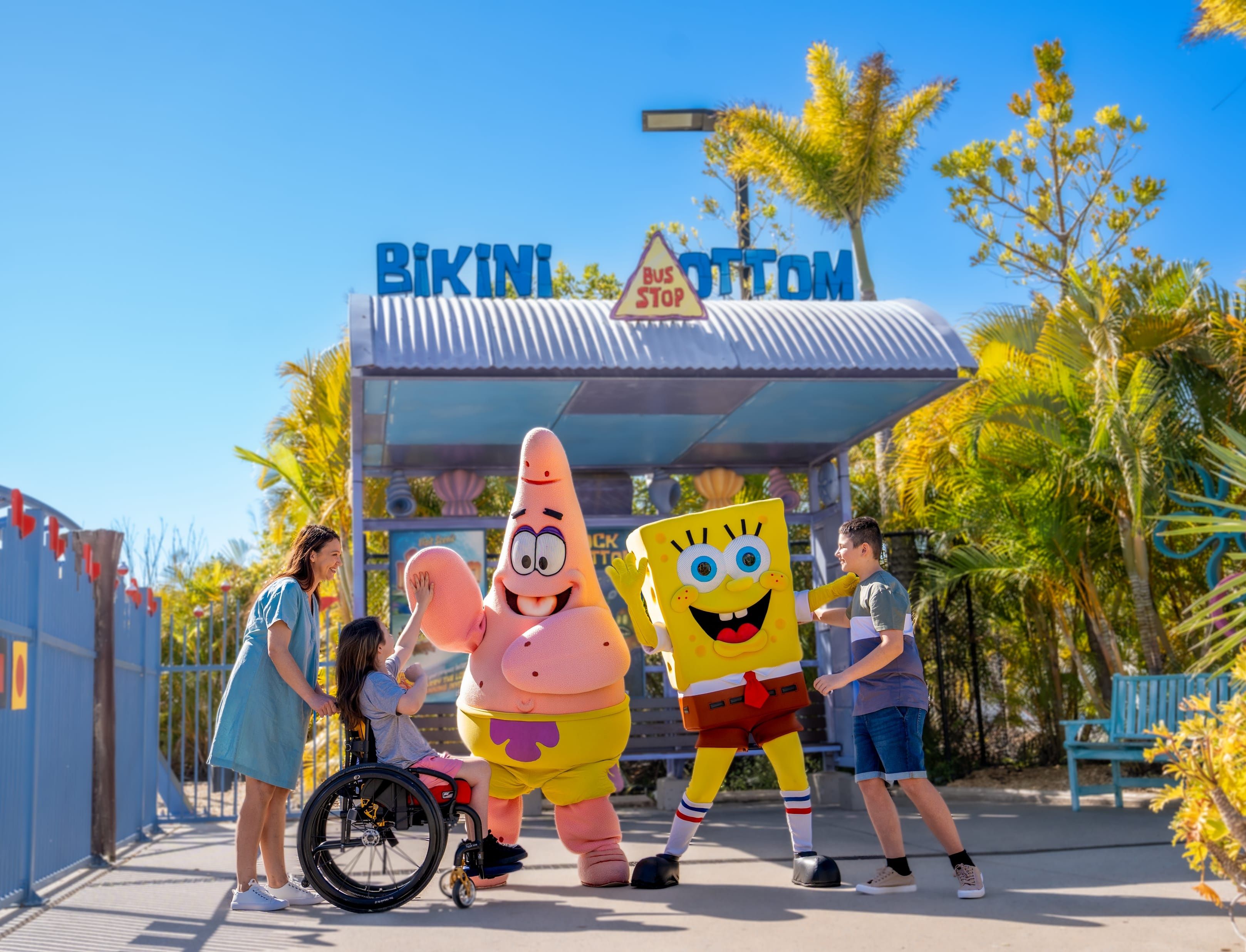 Family meeting SpongeBob SquarePants and Patrick Star in Nickelodeon Land at Sea World Marine Park Family meeting SpongeBob SquarePants and Patrick Star in Nickelodeon Land at Sea World Marine Park