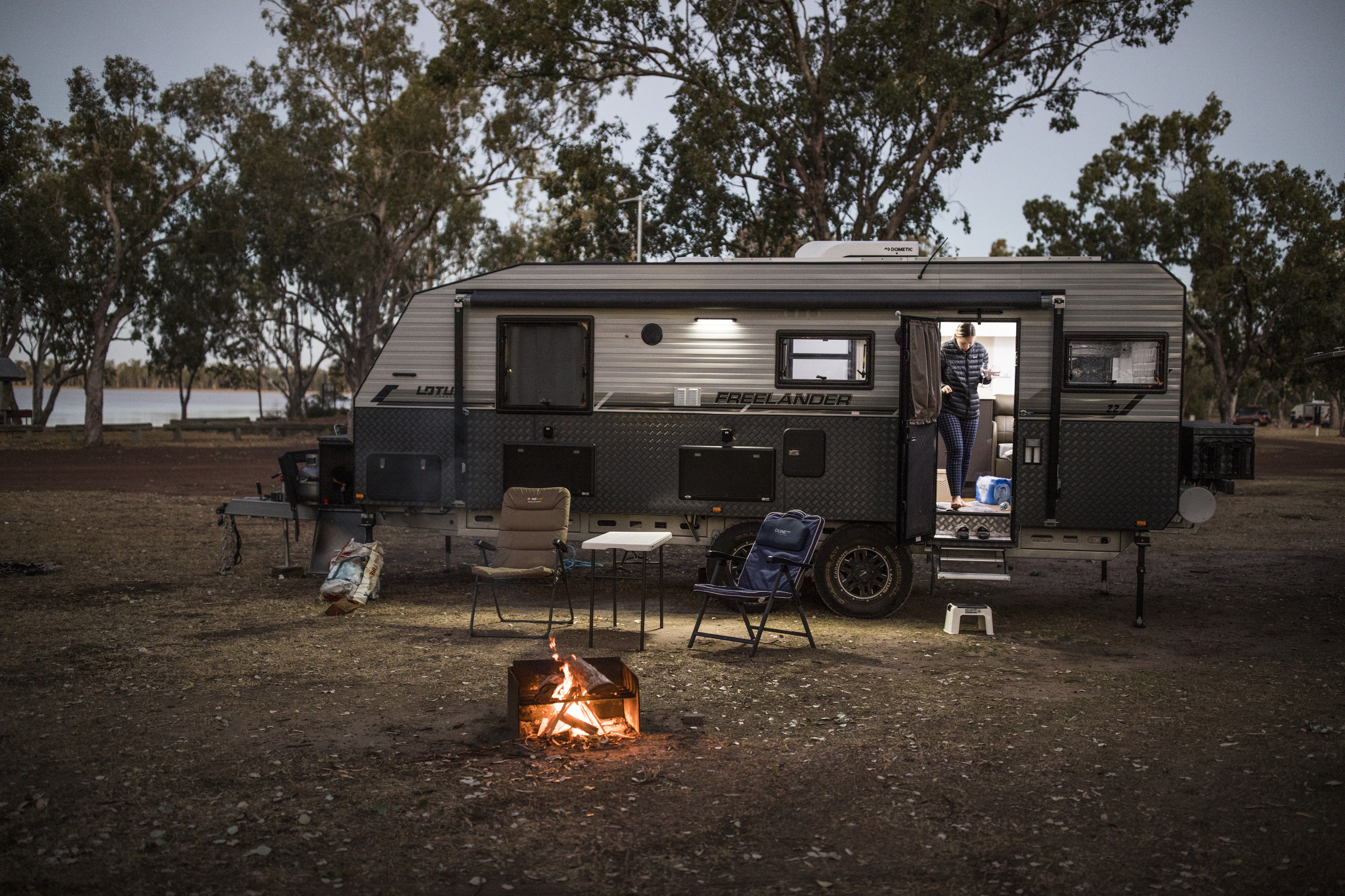 Caravan next to the lake near Dalby in Western Downs, Caravanning in Queensland Caravan next to the lake near Dalby in Western Downs, Caravanning in Queensland