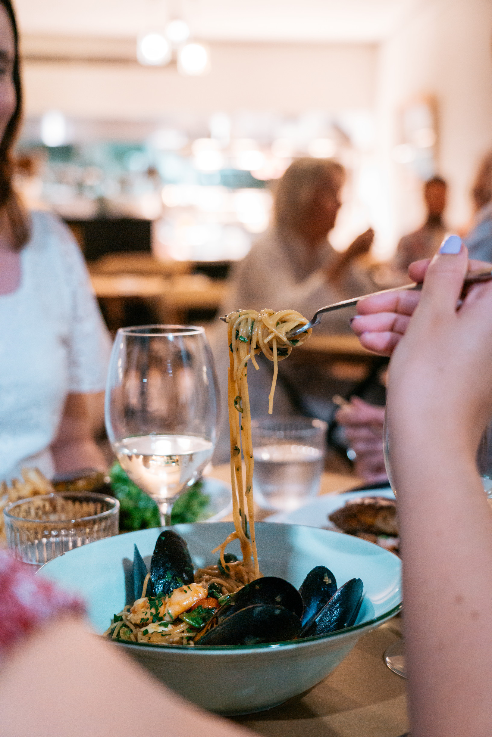 A bowl of pasta with seafood at Frenchies Brasseries Noosa A bowl of pasta with seafood at Frenchies Brasseries Noosa