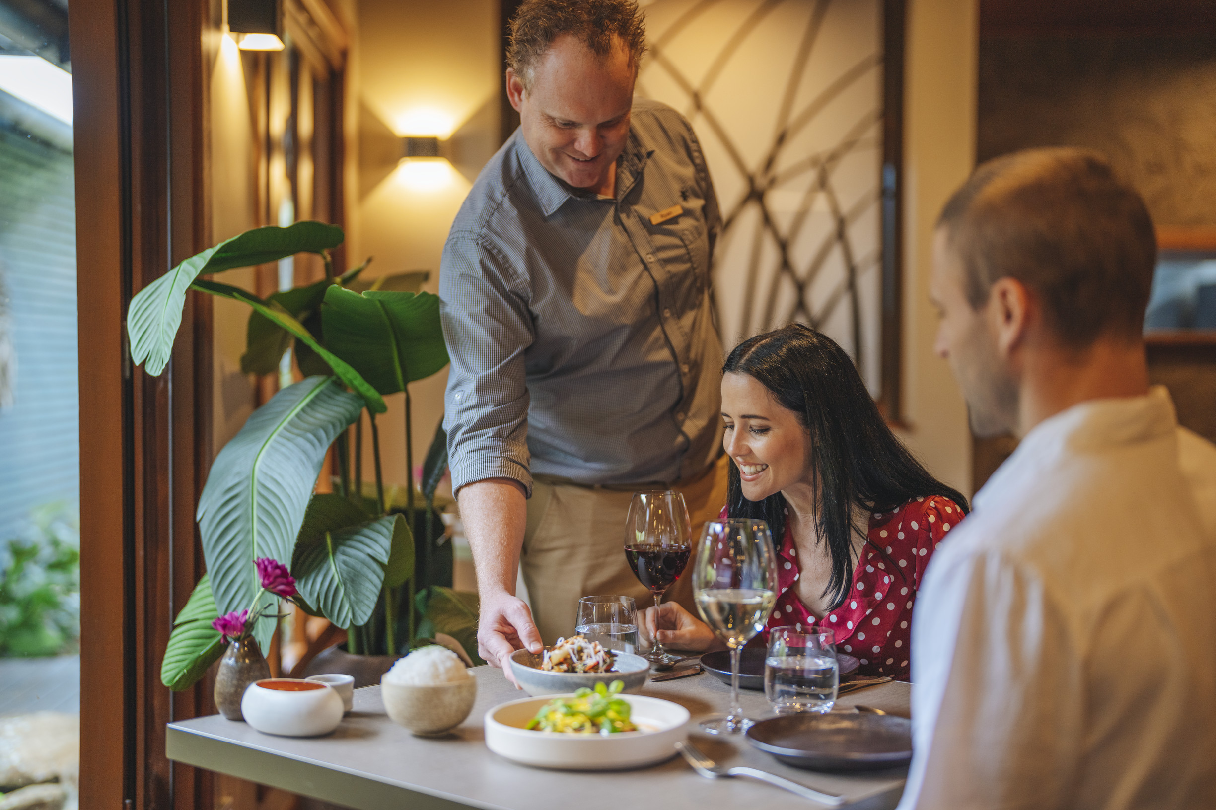 Couple enjoying a meal at The Tamarind restaurant, Spicers Tamarind Retreat, Sunshine Coast Hinterland