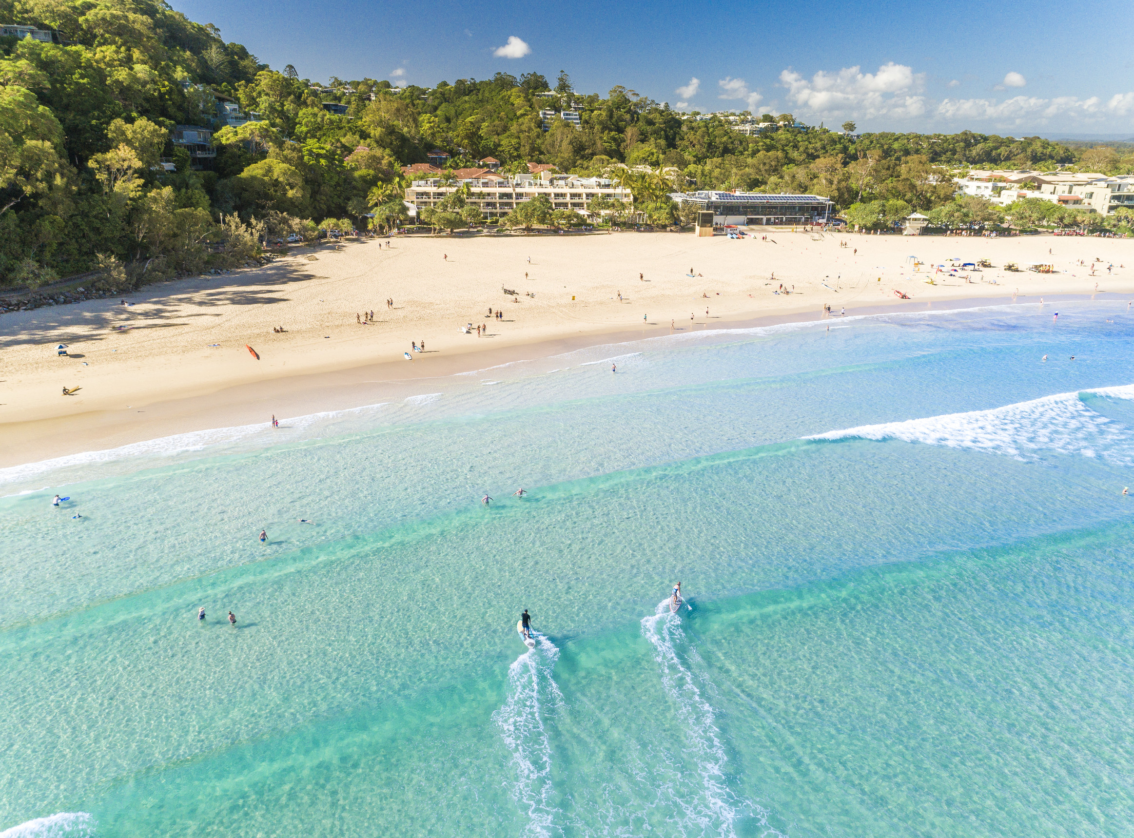 Aerial shots of Surfers along Noosa Main Beach