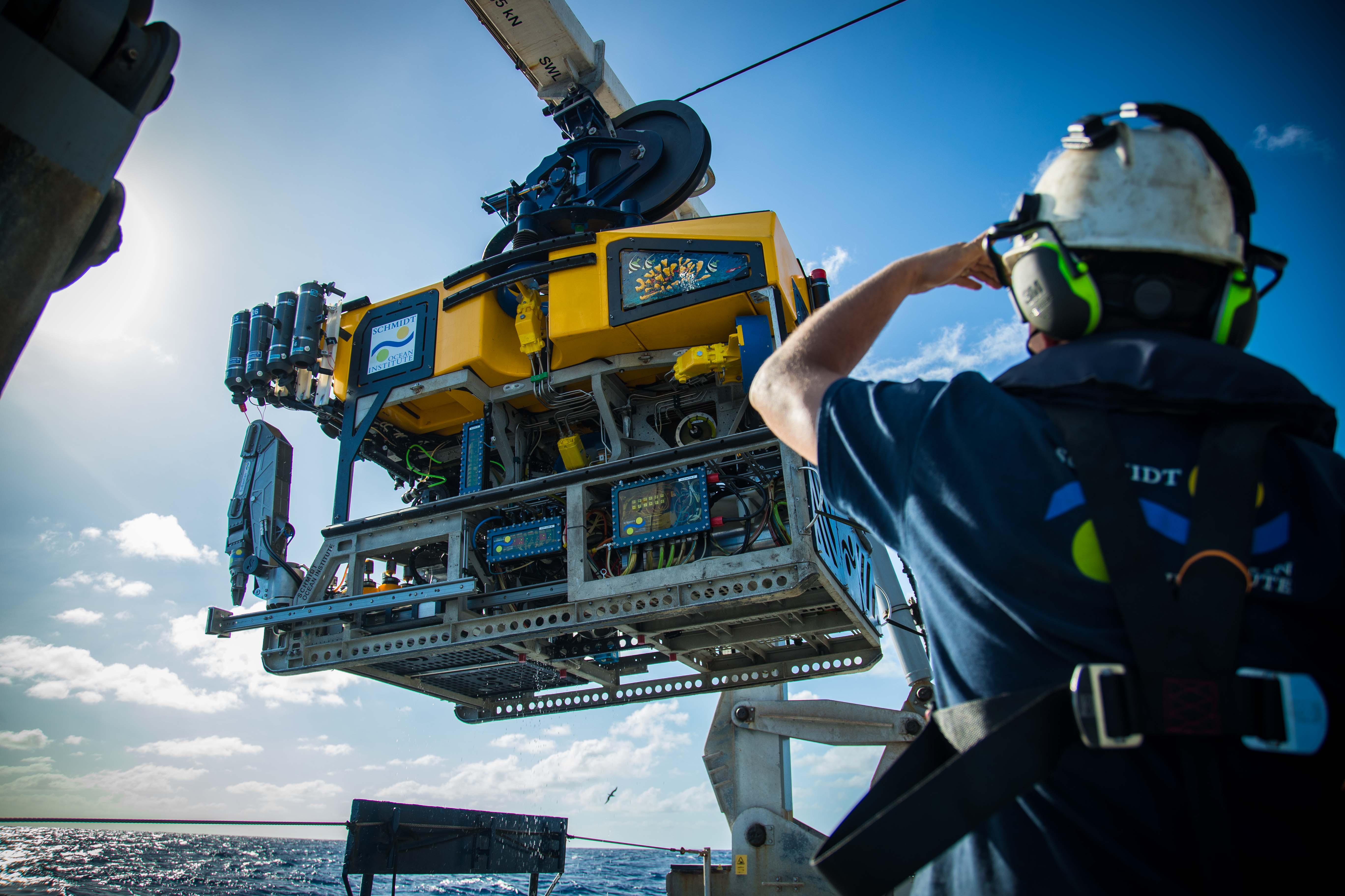 Remotely Operated Vehicle SuBastian is moved into position to deploy on Research Vessel Falkor's aft deck. Remotely Operated Vehicle SuBastian is moved into position to deploy on Research Vessel Falkor's aft deck.