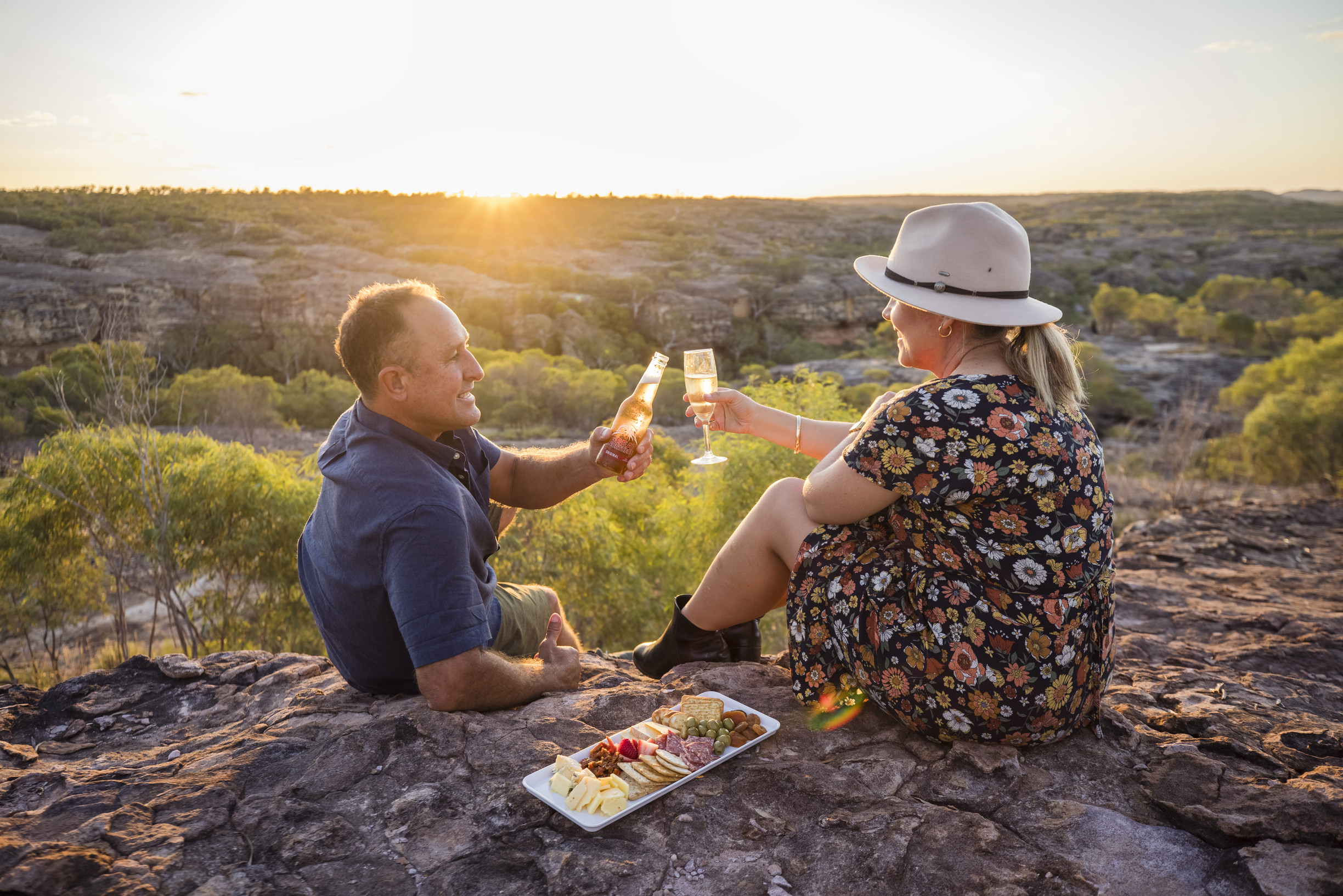 Couple on sunset helicopter picnic tour at Cobbold Gorge
