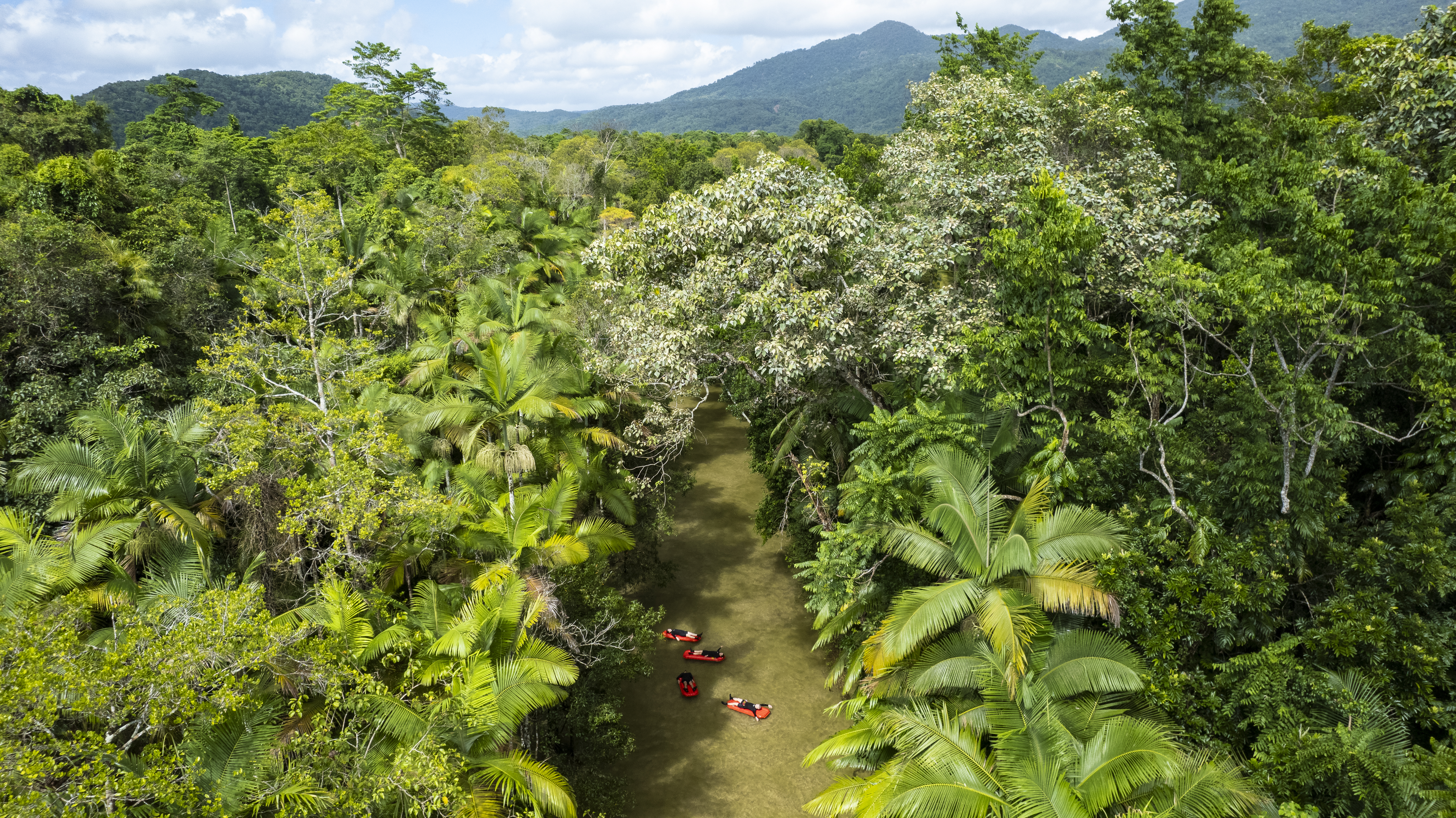 Aerial of people floating down a river in the rainforest on red inflatables Aerial of people floating down a river in the rainforest on red inflatables
