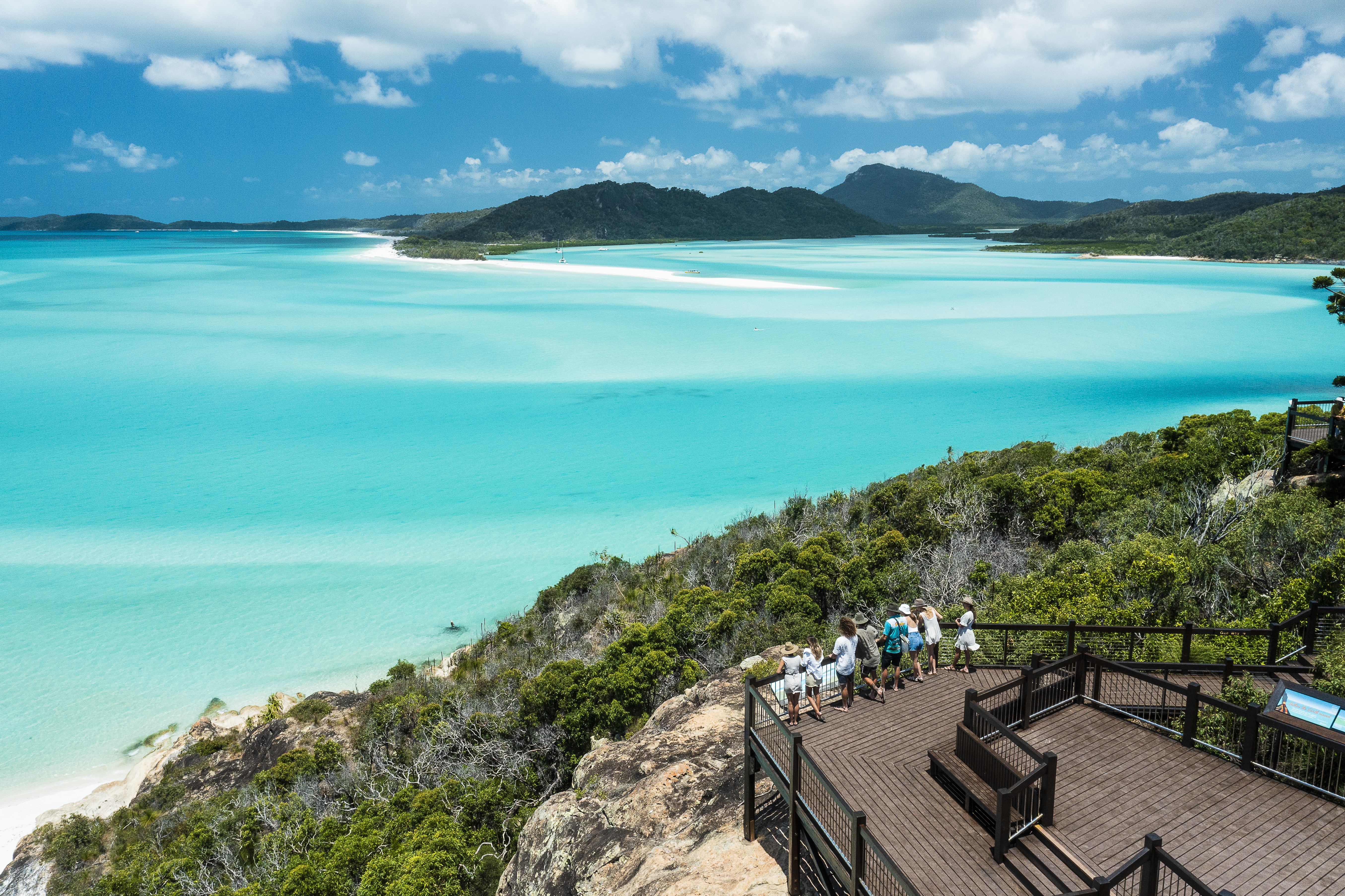 Aerial view of people looking out over the blue waters, from Hill Inlet Lookout